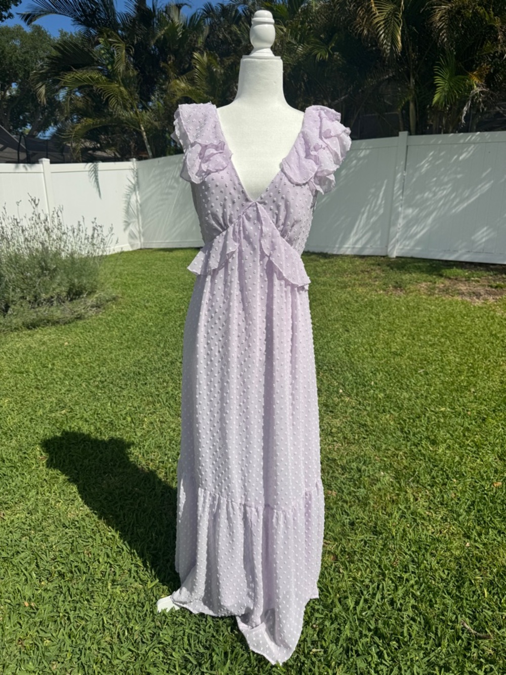 Lavender Swiss Dot Ruffle V-Neck Maxi Dress